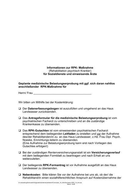 Informationsblatt Zur Rehabilitation Psychisch Haus Landwasser
