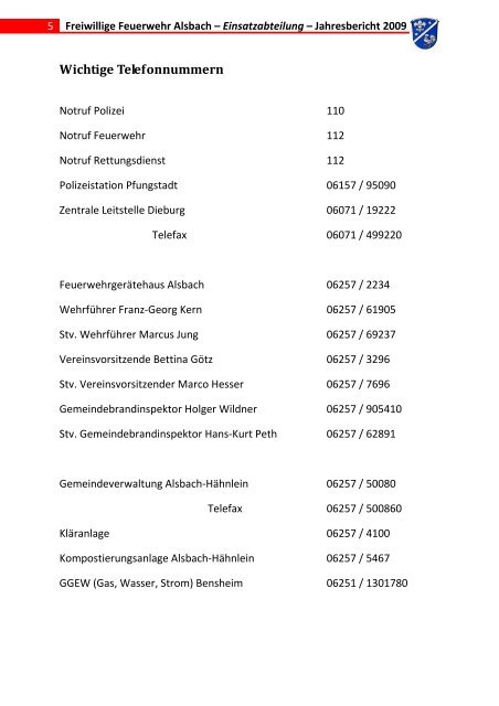 Jahresbericht 2009 FF Alsbach Einsatzabteilung - Feuerwehr Alsbach