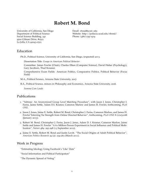 Robert M. Bond: Curriculum Vitae - UC San Diego