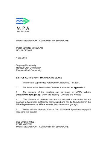 list of active Port Marine Circulars - MPA