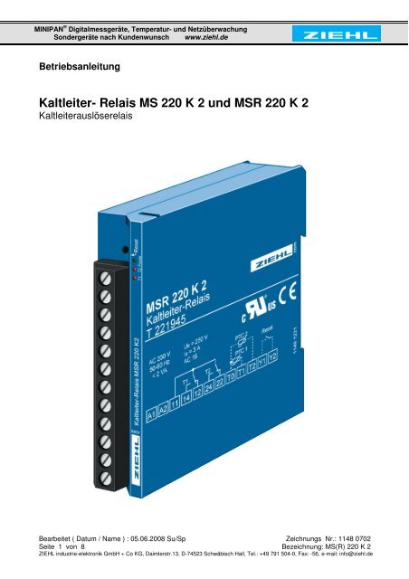 Ziehl MS 220 KA Motorschutzrelais - ATEX-zugelassen Für Explosionsgefährdete Bereiche