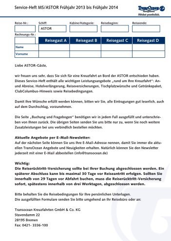 Download Buchungsformular ASTOR für Reisen ab ... - TransOcean