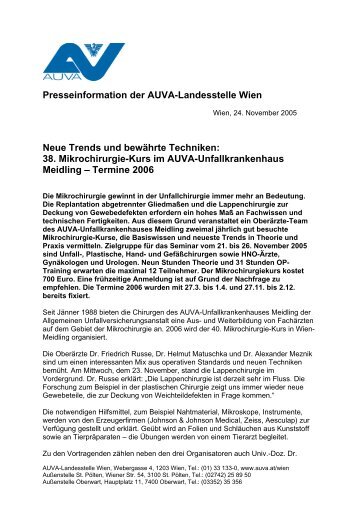 Presseinformation der Auva-Landesstelle Wien Neue Trends und ...