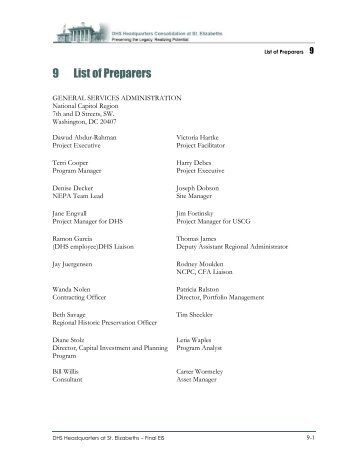 9 List of Preparers - GSA Development of St. Elizabeths Campus