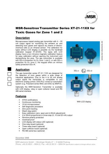 MSR-Sensitron Transmitter Series XT-21-11XX for Toxic ... - GasAlarm