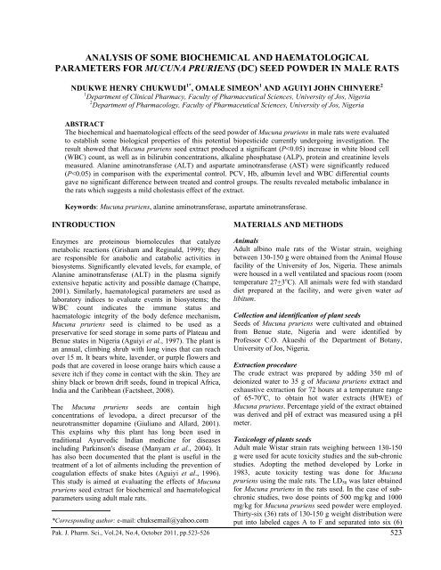 Analysis of some biochemical and haematological parameters