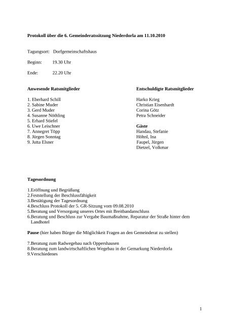 Protokoll über die 5 - Niederdorla