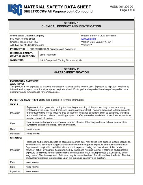 MATERIAL SAFETY DATA SHEET - USG Corporation