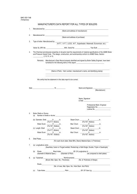 MANUFACTURER'S DATA REPORT FOR ALL TYPES OF BOILERS