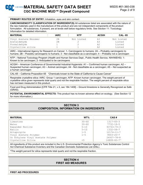 MATERIAL SAFETY DATA SHEET - CGC