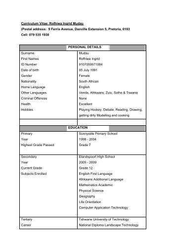 Curriculum Vitae: Rofhiwa Ingrid Mudau (Postal address: 9 ... - SALI