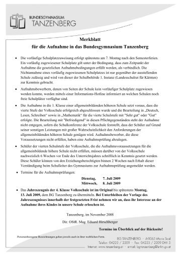 Merkblatt für die Aufnahme in das Bundesgymnasium Tanzenberg