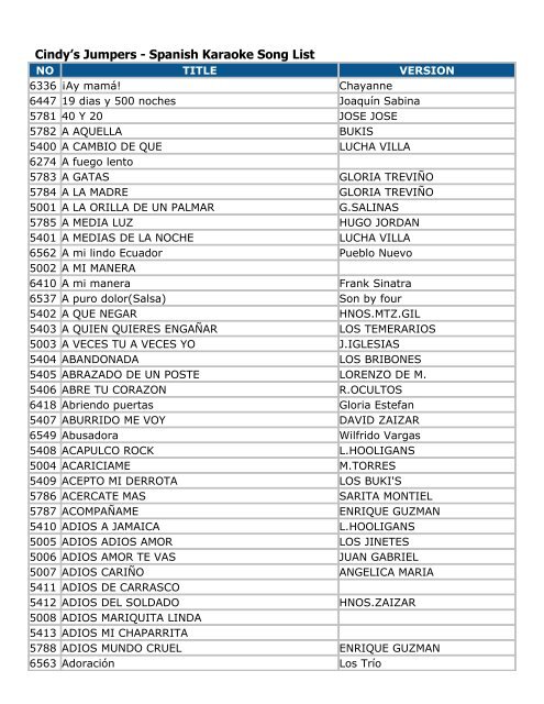 Cindy S Jumpers Spanish Karaoke Song List Cindys Jumpers cindy s jumpers spanish karaoke song