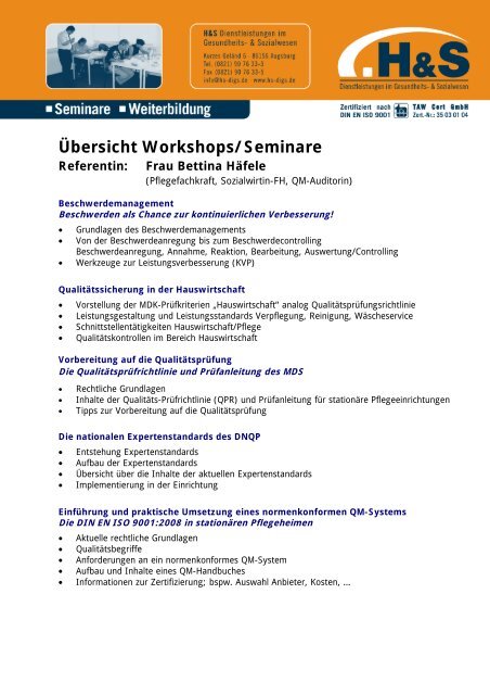 Übersicht Workshops/Seminare Referentin: Frau Bettina Häfele