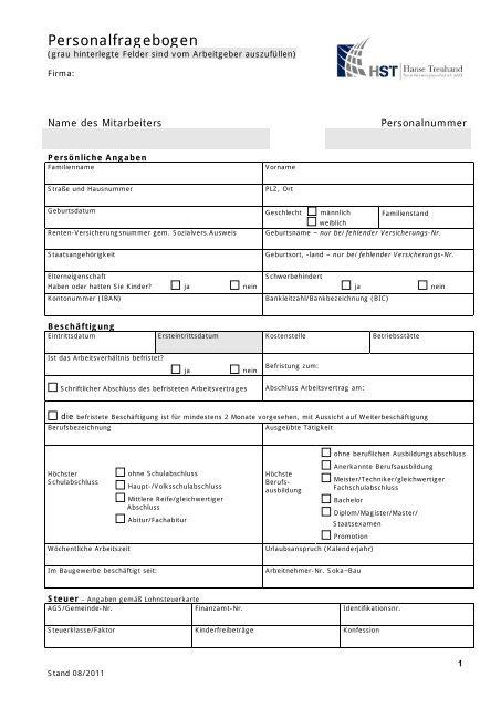Personal-Fragebogen Arbeitnehmer - HST Hanse Treuhand