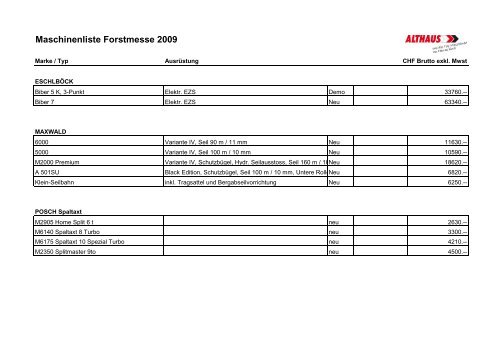Maschinenliste Forstmesse 2009