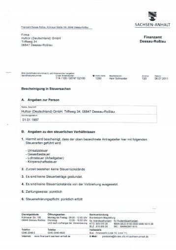 Steuerliche Bescheinigung Finanzamt - Hufcor Deutschland GmbH