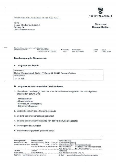 Finanzamt Bescheinigung Handynutzung Für Die Arbeit Steuerliche Bescheinigung Finanzamt - Hufcor Deutschland GmbH