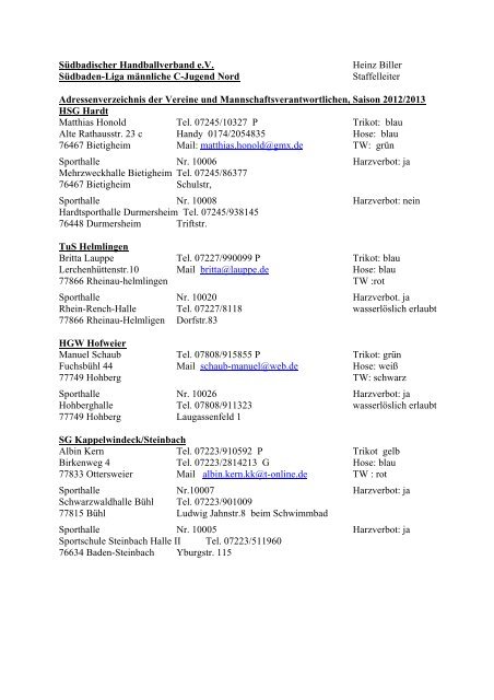 Adressenliste Südbaden-Liga männl. C-Jugend Nord