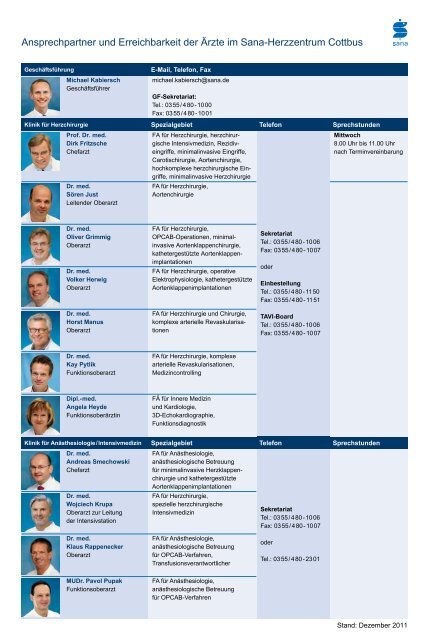 Ansprechpartner und Erreichbarkeit der Ärzte im Sana-Herzzentrum ...