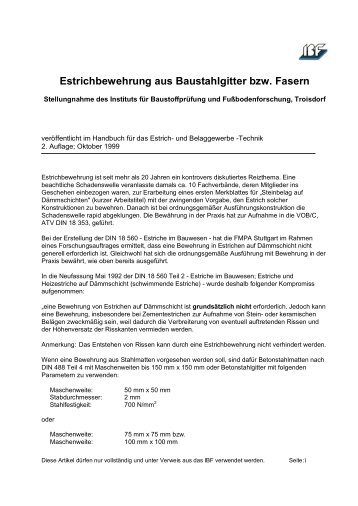 Estrichbewehrung aus Baustahlgitter bzw. Fasern - IBF Troisdorf