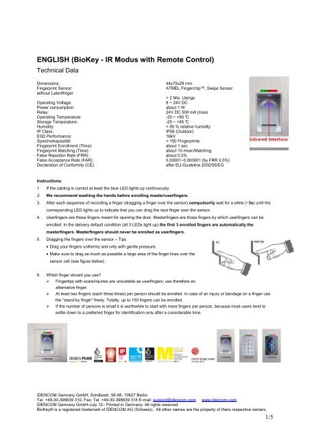 BioKey® Gate + Infrared Keypad handbook - Idencom
