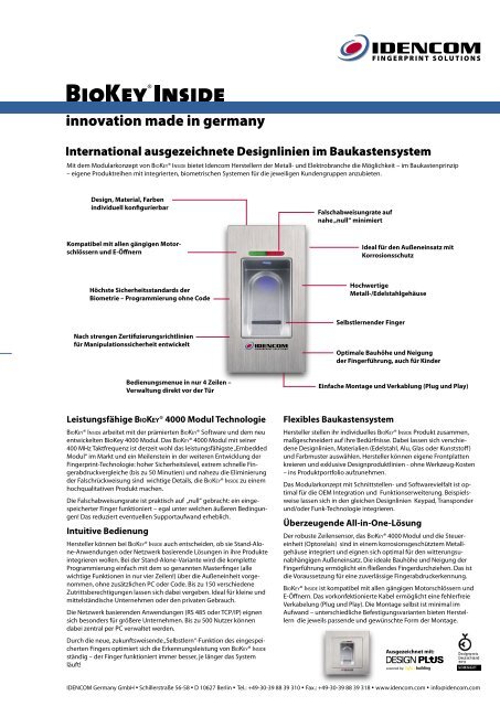BioKey® Inside Produktblatt - Idencom