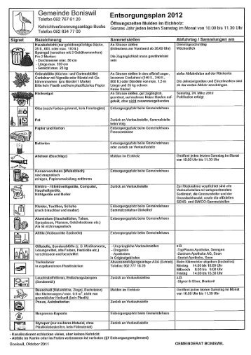 Abfallkalender / Entsorgungsplan 2012 - Boniswil