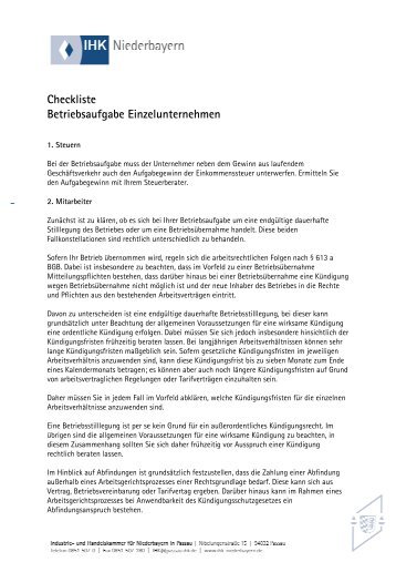 Checkliste Betriebsaufgabe Einzelunternehmen - IHK Niederbayern
