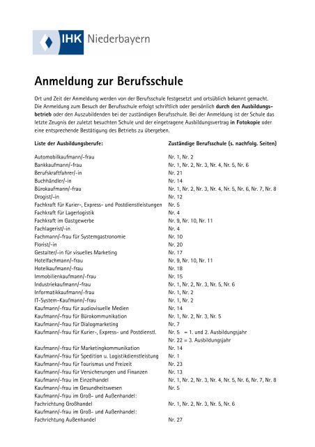 Anmeldung Zur Berufsschule Ihk Niederbayern