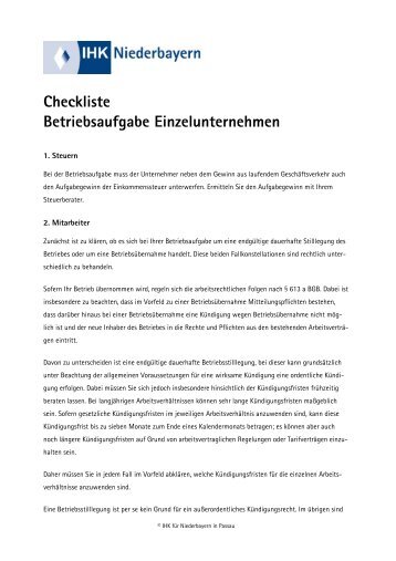Checkliste Betriebsaufgabe Einzelunternehmen - IHK Niederbayern
