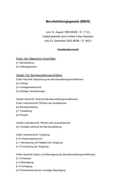 Bbig Berufsbildungsgesetz (BBiG) in der Fassung vom 23.12.2002