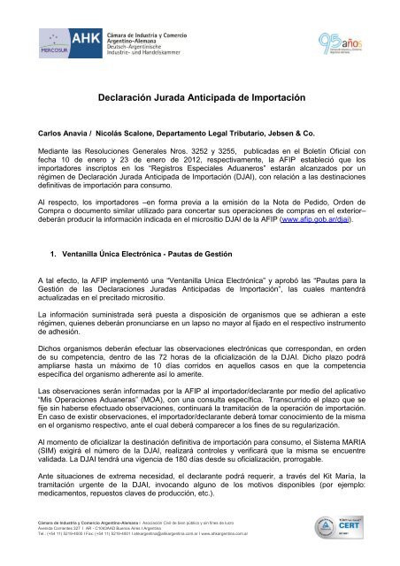 Declaración Jurada Anticipada de Importación - IHK Südlicher ...