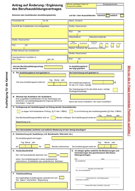 Antrag auf Änderung / Ergänzung des Berufsausbildungsvertrages