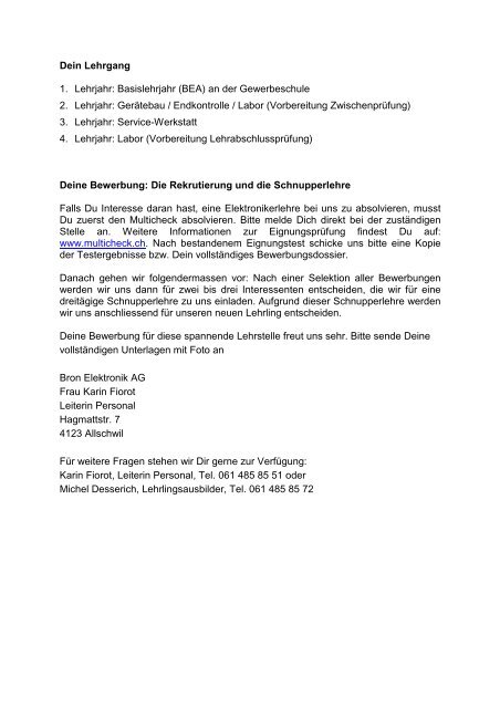 Inserat Elektroniker-Lehrling - neu - Bron Elektronik AG