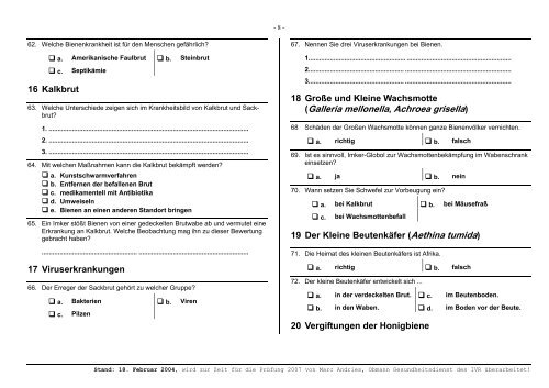 Fragenkatalog Krankheiten - Imkerverband Rheinland eV