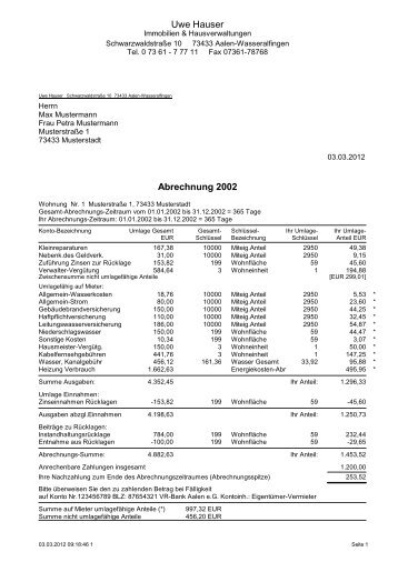 Musterabrechnung - Uwe Hauser Immobilien