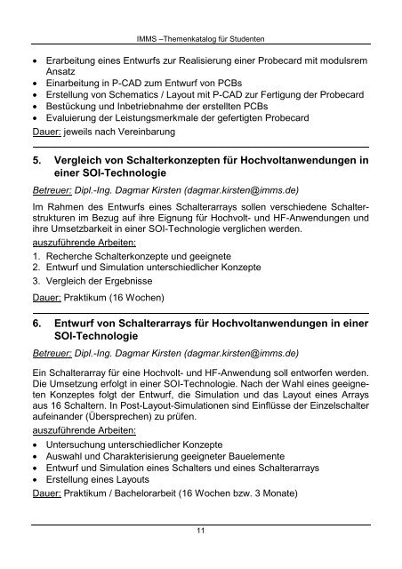 Fachpraktikum Diplom Master Bachelor - IMMS Institut für ...