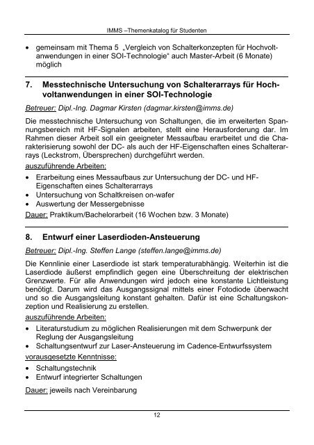 Fachpraktikum Diplom Master Bachelor - IMMS Institut für ...