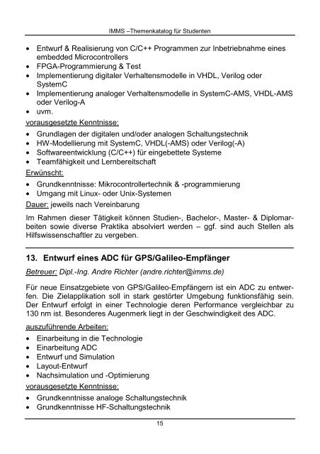 Fachpraktikum Diplom Master Bachelor - IMMS Institut für ...