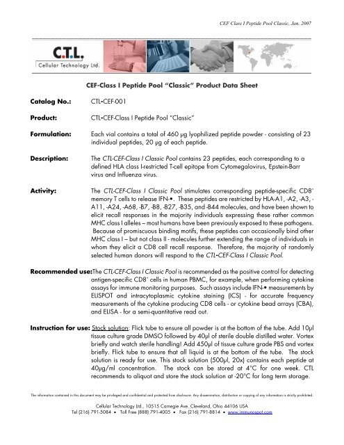 CEF Peptide Pool Classic PDS.pdf - Cellular Technology, Ltd