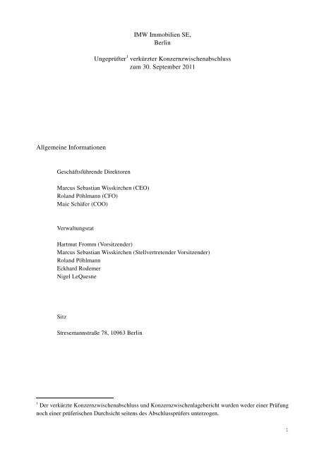 Halbjahresfinanzbericht zum 30.09.2011 - IMW Immobilien SE