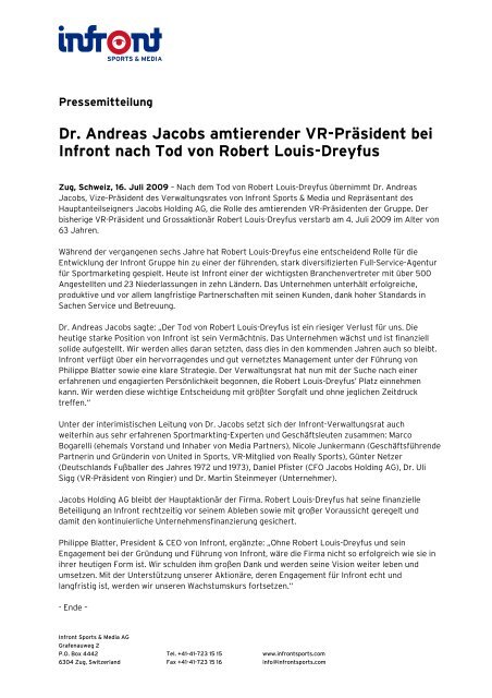 Dr. Andreas Jacobs amtierender VR-Präsident bei Infront nach Tod ...