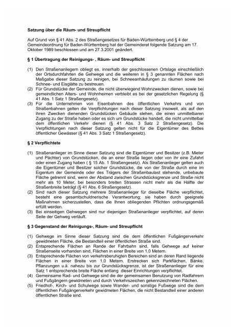 Satzung über die Räum- und Streupflicht - Gemeinde Ingersheim