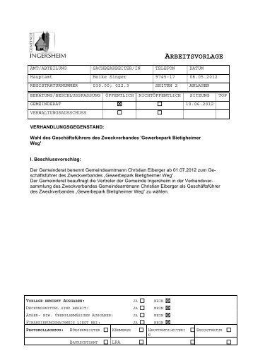 ARBEITSVORLAGE - Gemeinde Ingersheim