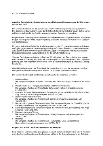 Sitzungsbericht Gemeinderratssitzung 03. Juli 2012