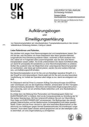 Aufklärungsbogen Einwilligungserklärung - Medizinische Klinik I