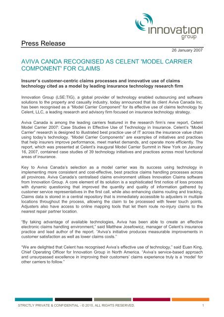 Aviva Canada Recognized as Celent 'Model ... - Innovation Group