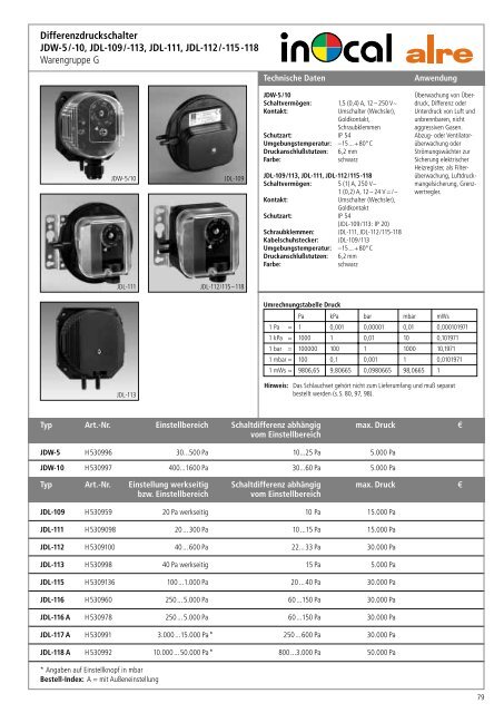 Differenzdruckschalter JDW-5 /-10, JDL-109 /-113, JDL-111, JDL-112