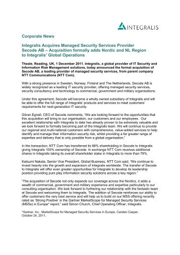 Integralis Acquires Managed Security Services Provider Secode AB